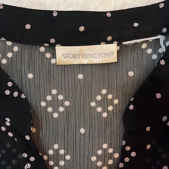 WORTHINGTON Sheer Dot Pattern Button Up Flowy Ruffle Shoulder Cap Sleeve Blouse - Picture 2 of 4
